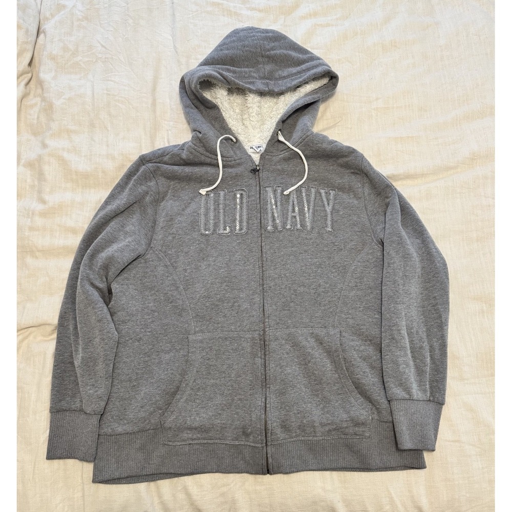 VTG Old Navy Women's Sherpa Lined Gray Zip Up‎ Spell Out Sequin Hoodie XXL Y2K